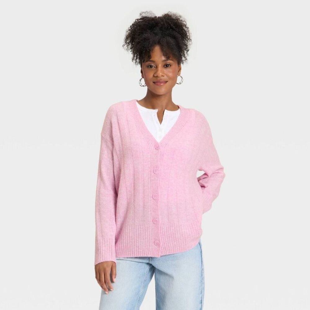 Women's Knit Ribbed Cardigan - Universal Thread Pink XS